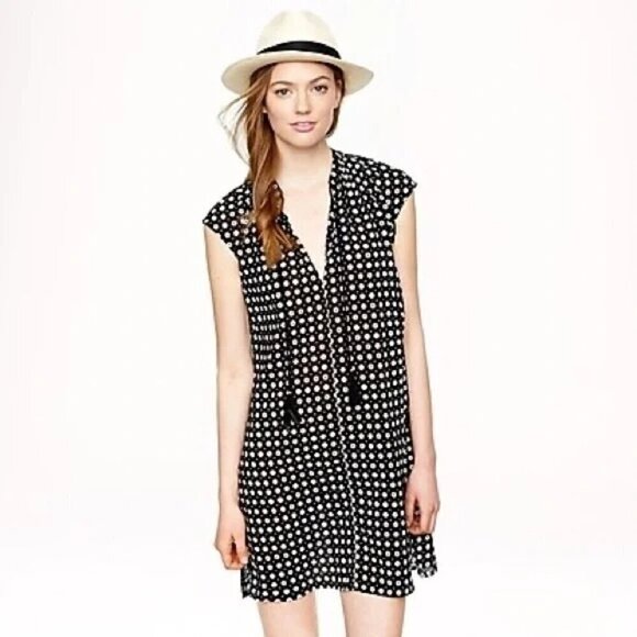 J Crew Jane Black White Cotton Tassel Tie Dress Travel Vacation Beachy Size XS‎ - Picture 1 of 9